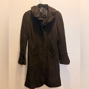 C’est Atelier 100% Brown Wool Full Length Coat with Ruffled Collar. Lined.